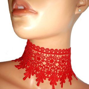 Red Choker, Red Necklace, Red Jewelry, Red Accessories, Red Lace Choker